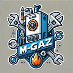 Ilustracja: Stylizowany piec gazowy otoczony narzędziami hydraulicznymi i napisem M-GAZ.