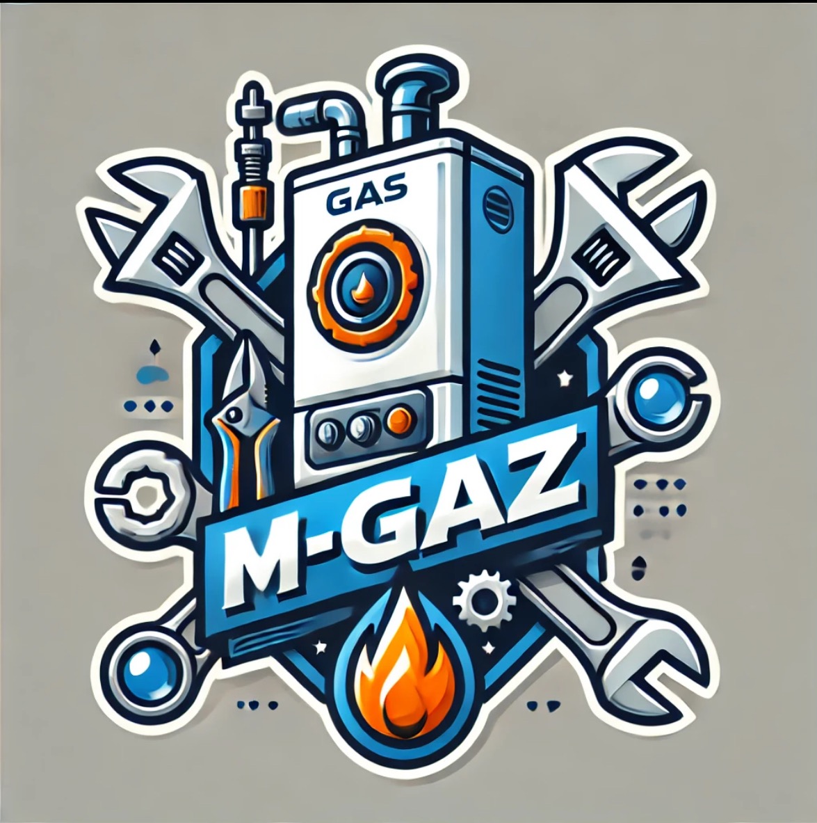 Ilustracja: Stylizowany piec gazowy otoczony narzędziami hydraulicznymi i napisem M-GAZ.