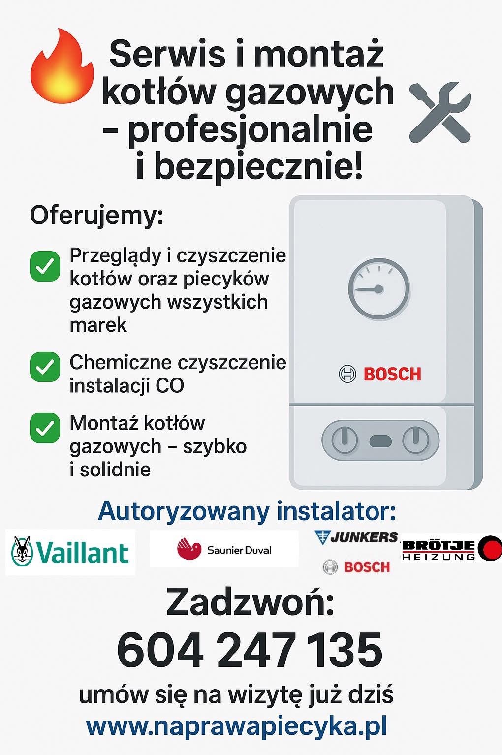 Oferta serwisu i montażu kotłów gazowych różnych marek, w tym Bosch, Vaillant, Junkers. Przeglądy, czyszczenie, szybki i solidny montaż. Kontakt telefoniczny i adres strony.