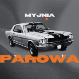 Grafika prezentuje klasyczny samochód Mustang z czarnym pasem na masce, umieszczony na teksturowanym szarym tle z pomarańczowymi napisami 'MYJNIA' i 'PAROWA'.