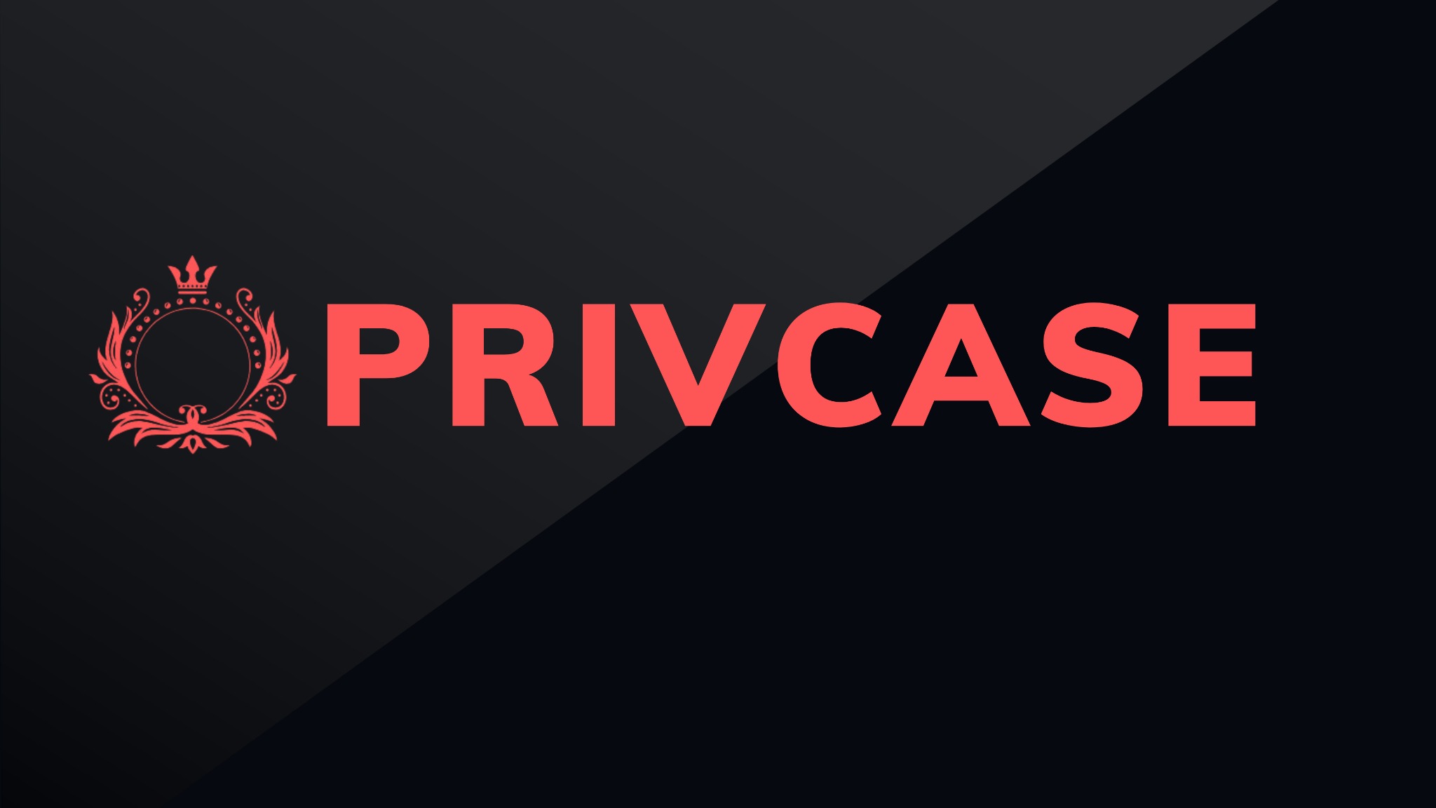 Minimalistyczne logo firmy 'PRIVCASE' z koroną w okręgu, w kolorze koralowym, na czarnym tle z diagonalnym gradientem.