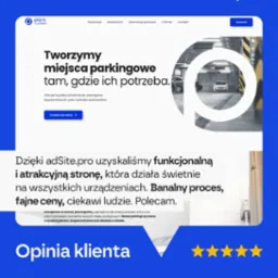 Projekt strony internetowej dla firmy parkingowej: minimalistyczny design z motywem parkingu w tle, opinia zadowolonego klienta i gwiazdki oceny.