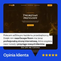 Prezentacja strony internetowej Escape Roomu 'Escape Me Gdynia' z opinią klienta polecającego profesjonalne wsparcie firmy adSite.pro, widoczne pięć złotych gwiazdek oceny.