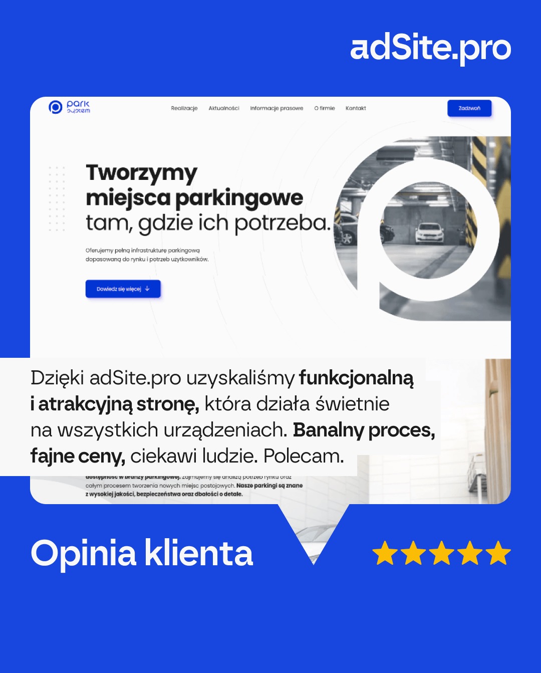 Projekt strony internetowej dla firmy parkingowej: minimalistyczny design z motywem parkingu w tle, opinia zadowolonego klienta i gwiazdki oceny.
