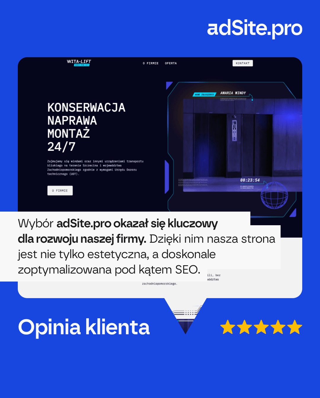 Nowoczesny design strony internetowej firmy Wita-Lift z interaktywnymi elementami graficznymi, prezentującej usługi konserwacji i naprawy wind, z widoczną opinią klienta i oceną pięciogwiazdkową.