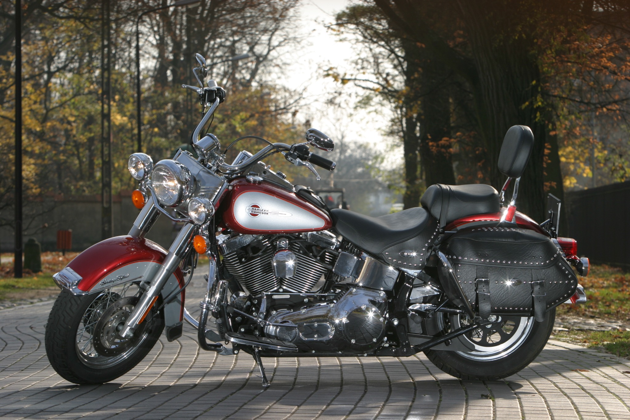 Czerwono-srebrny motocykl Harley-Davidson zaparkowany na brukowanej ścieżce w jesiennym parku.