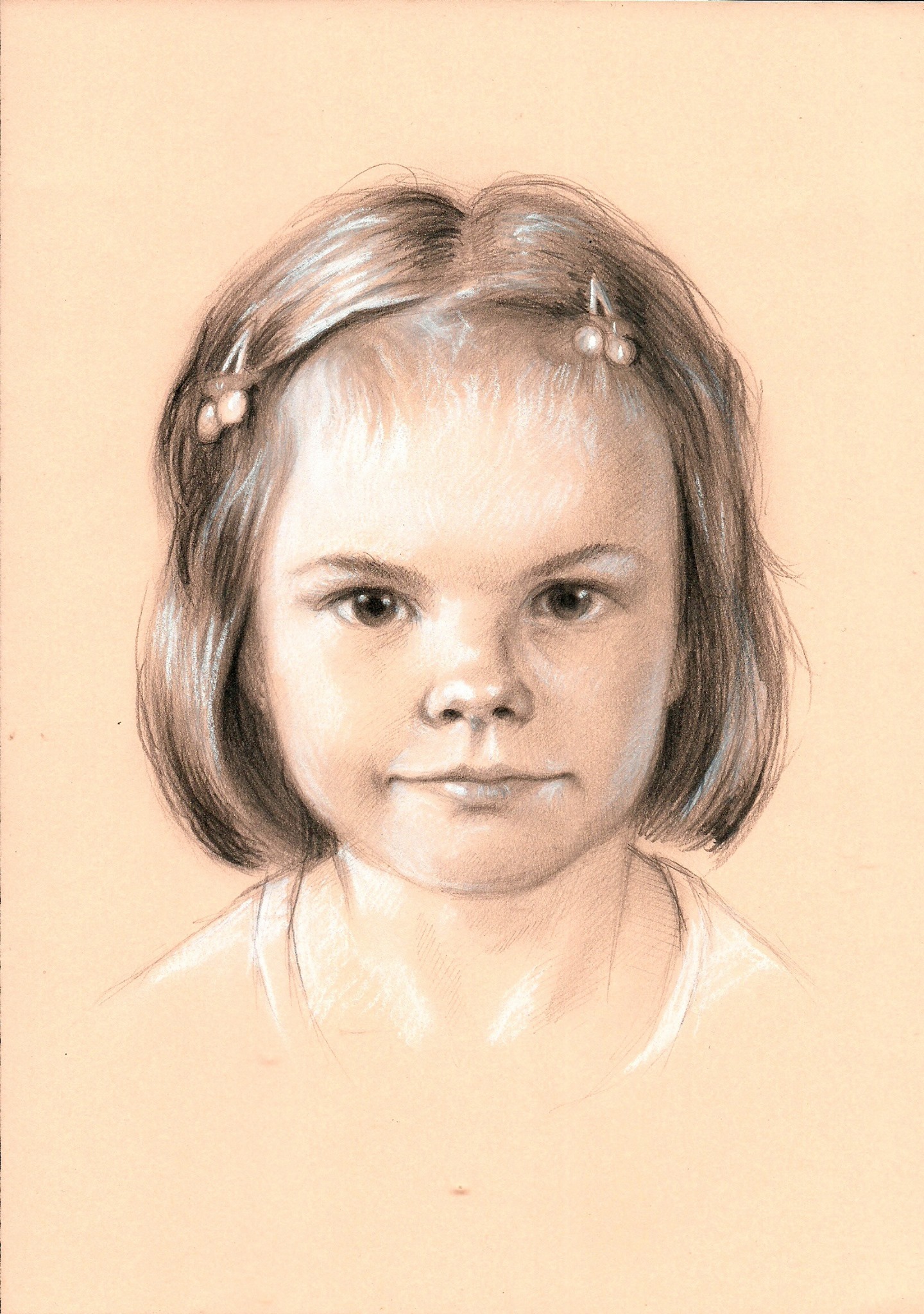 Portret dziewczynki z krótkimi włosami i spinkami w kształcie wisienek, wykonany pastelami na beżowym papierze.