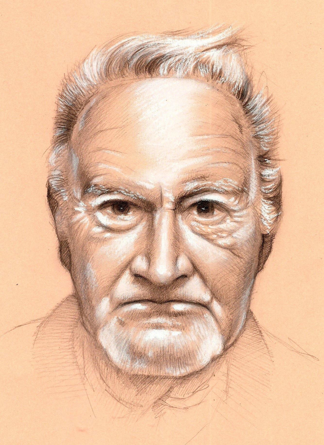 Portret starszego mężczyzny, wykonany ołówkiem na beżowym tle.