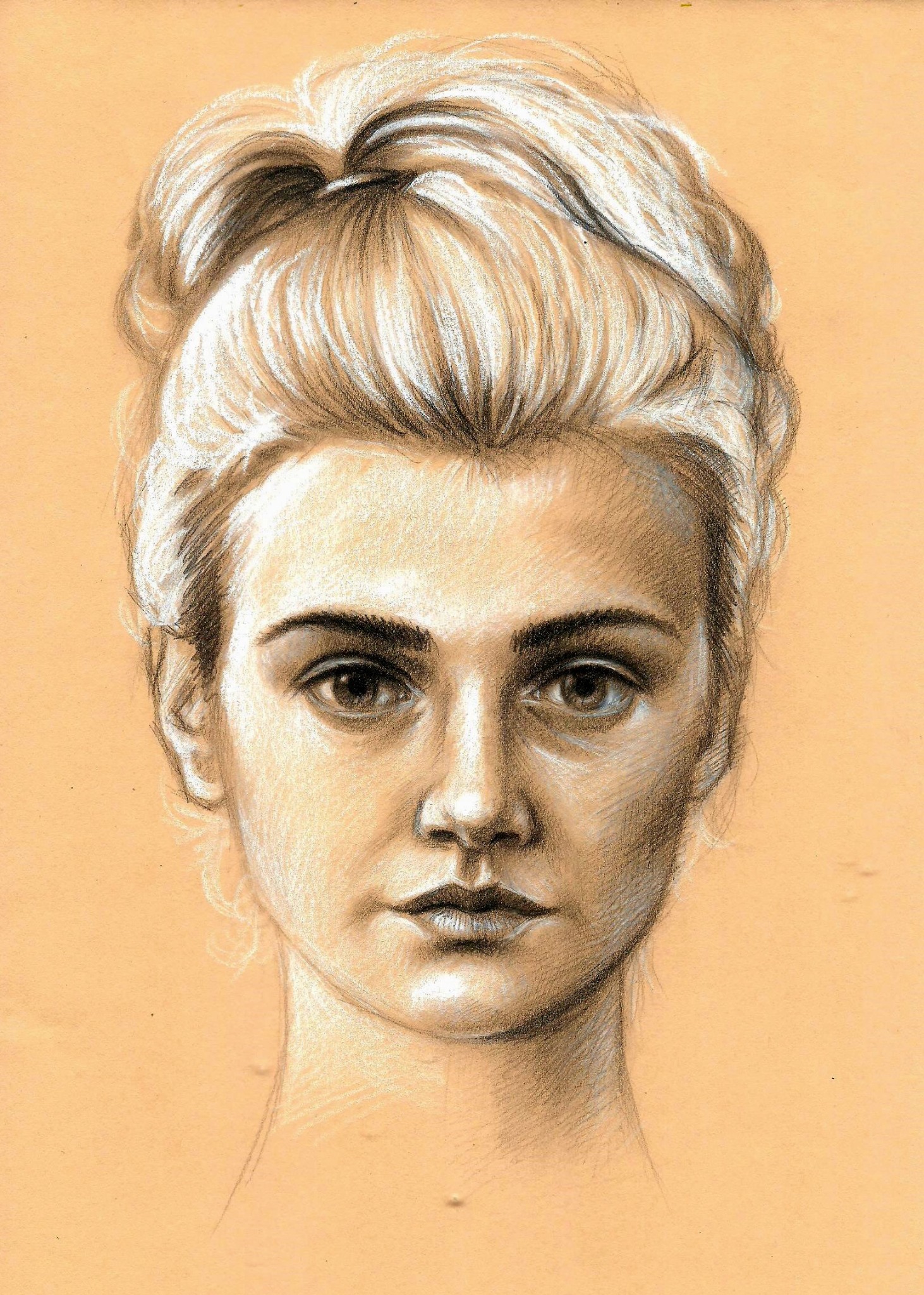 Portret kobiety z upiętymi włosami, wykonany techniką rysunku ołówkowego na beżowym papierze, z wyraźnymi detalami twarzy i włosów.