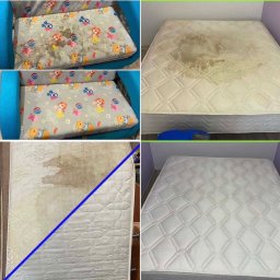 IMVA - Kolaż przedstawiający efekt czyszczenia: dziecięce siedzisko z plamami przed i po, materac z wyraźnymi zabrudzeniami przed i po, oraz materac z zaznaczoną linią podziału obszaru wyczyszczonego...
