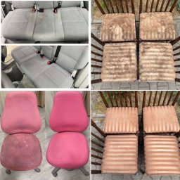 IMVA - Kolaż czterech zdjęć przedstawiających efekty czyszczenia tapicerki: siedzenia samochodowe przed i po, krzesła z drewnianymi oparciami przed i po, różowe krzesła biurowe przed i po, oraz krzesła...