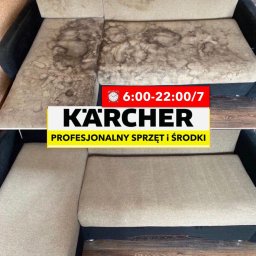 IMVA - Porównanie: Zabrudzona kanapa przed i po profesjonalnym praniu, z widocznym logo Karcher i informacją o godzinach pracy.