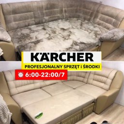 IMVA - Zdjęcie przedstawia sofę narożną przed i po czyszczeniu, z widoczną różnicą w czystości tapicerki, wykonane w Kielcach. Górna część pokazuje zabrudzenia, dolna efekt po zabiegu. Widoczny napis...