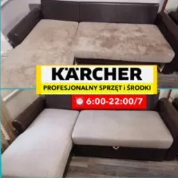 Zdjęcie przedstawia sofę narożną w dwóch ujęciach: górne ukazuje sofę przed czyszczeniem, z widocznymi plamami, dolne prezentuje sofę po czyszczeniu, z odświeżonym kolorem tapicerki. Na zdjęciu...