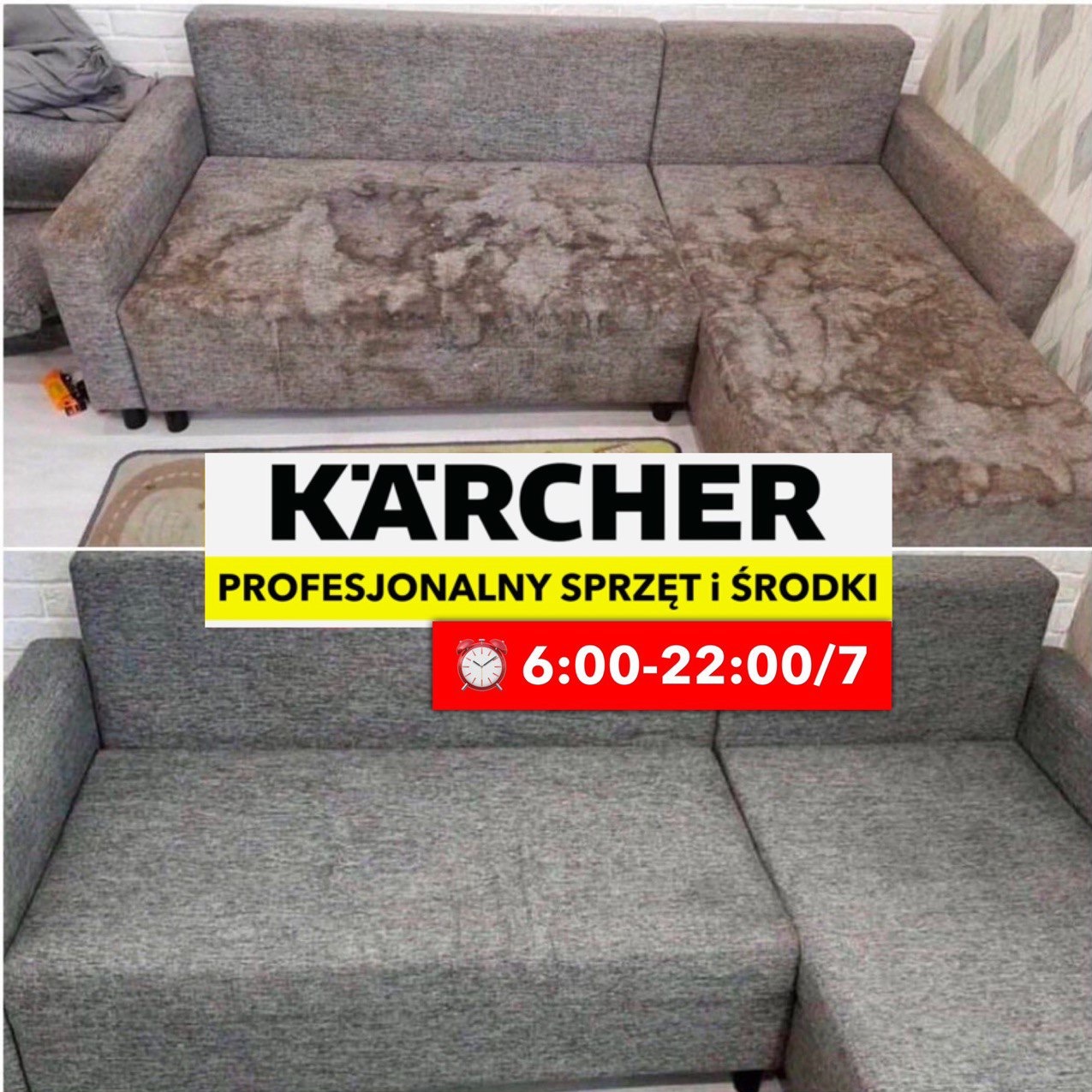 Szara narożna kanapa przed i po praniu, widoczne wyraźne różnice w czystości tapicerki, prezentacja efektu czyszczenia Karcher.