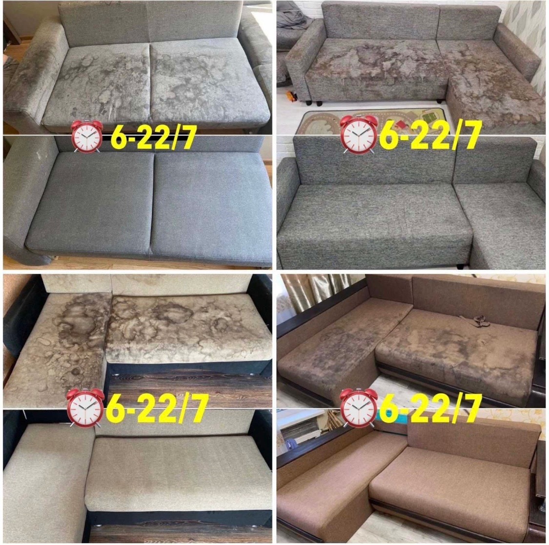 Kolaż przedstawiający dwie kanapy: szarą i beżową przed i po czyszczeniu, widoczne plamy i zabrudzenia na tapicerce przed zabiegiem oraz czysta powierzchnia po nim.