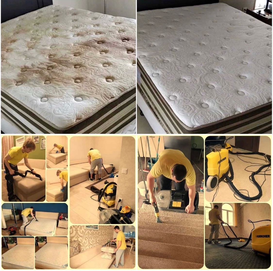 Kolaż zdjęć prezentujący proces czyszczenia materaca i tapicerki meblowej. Widoczne etapy: materac przed i po czyszczeniu, osoba czyszcząca sofę i schody za pomocą odkurzacza piorącego marki Karcher.