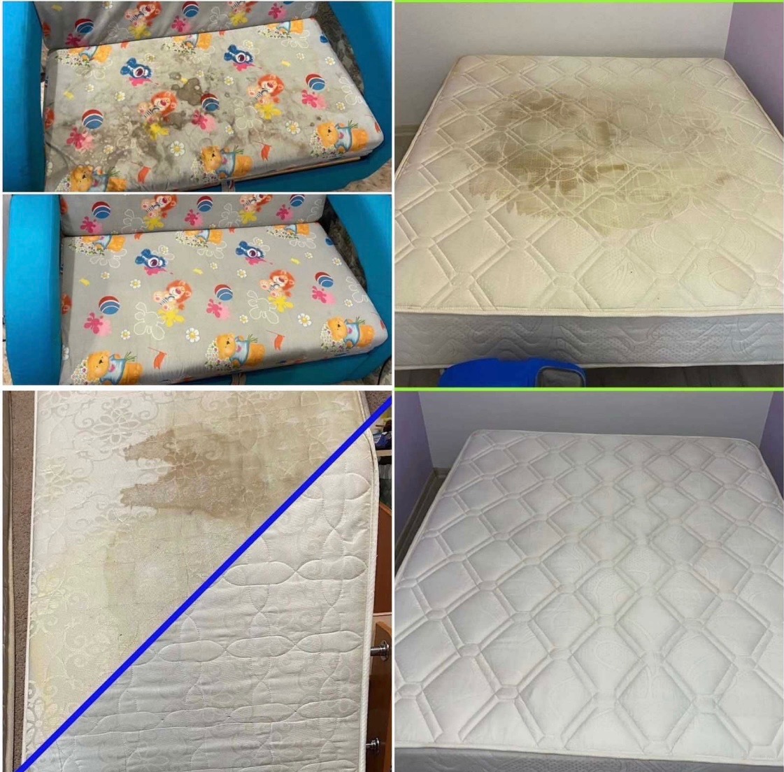 Kolaż przedstawiający efekt czyszczenia: dziecięce siedzisko z plamami przed i po, materac z wyraźnymi zabrudzeniami przed i po, oraz materac z zaznaczoną linią podziału obszaru wyczyszczonego...