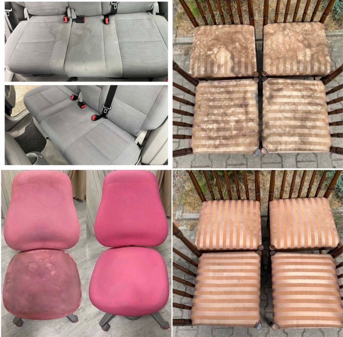 Kolaż czterech zdjęć przedstawiających efekty czyszczenia tapicerki: siedzenia samochodowe przed i po, krzesła z drewnianymi oparciami przed i po, różowe krzesła biurowe przed i po, oraz krzesła...