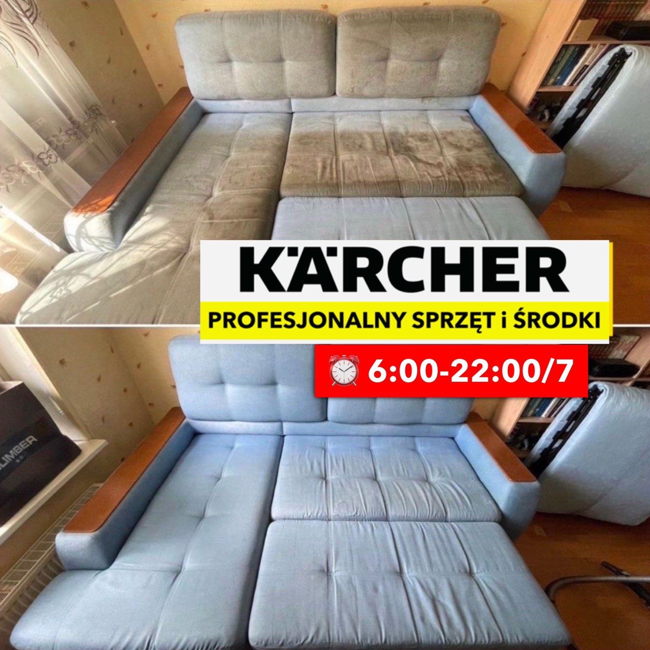 Porównanie kanapy przed i po czyszczeniu, widoczne plamy i zabrudzenia usunięte, logo Kärcher na zdjęciu.