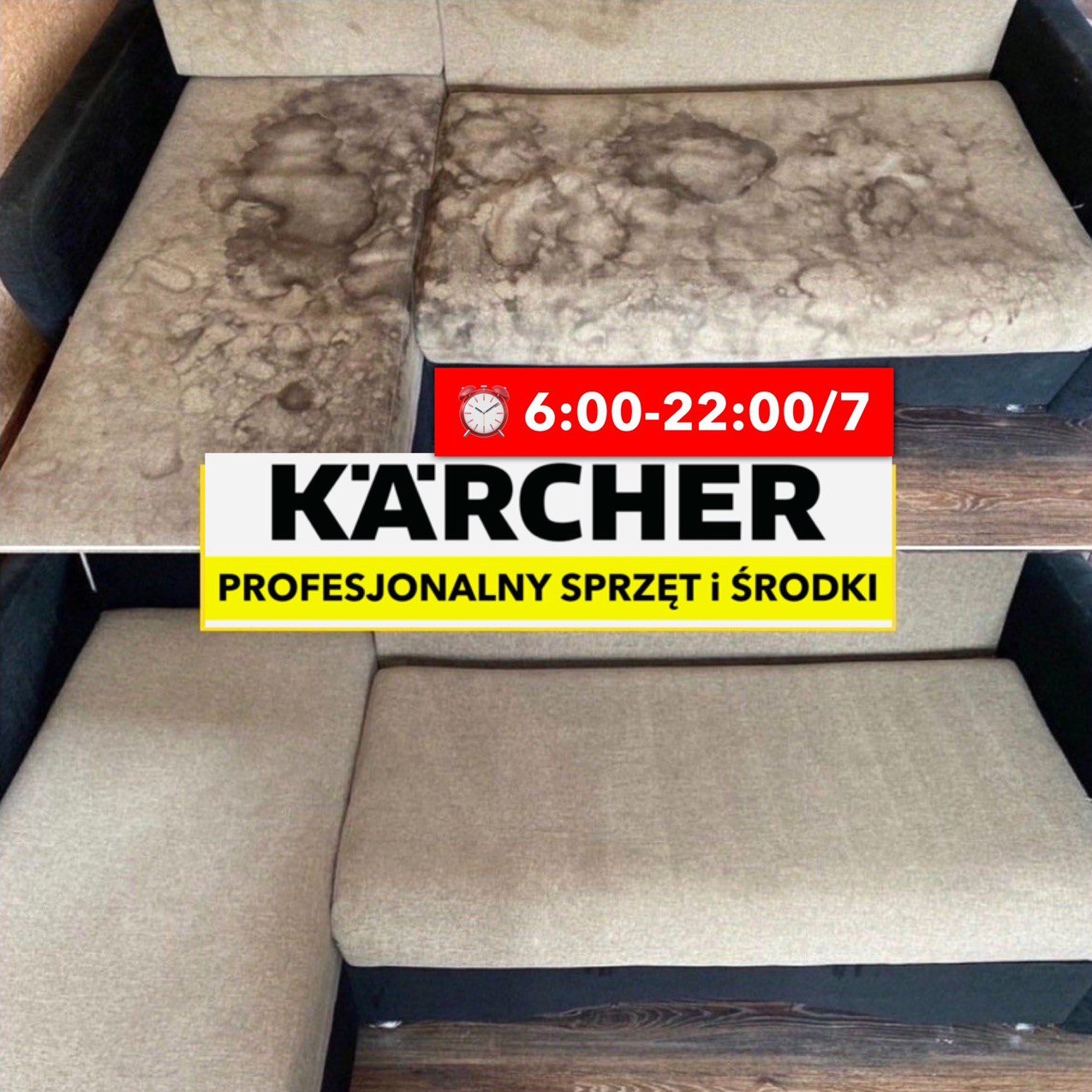 Porównanie: Zabrudzona kanapa przed i po profesjonalnym praniu, z widocznym logo Karcher i informacją o godzinach pracy.