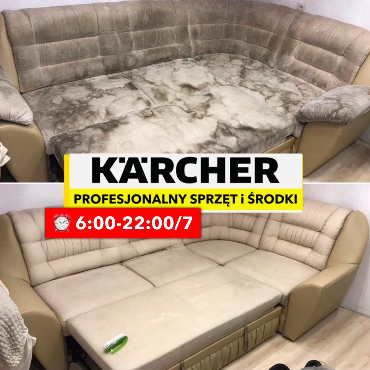 Zdjęcie przedstawia sofę narożną przed i po czyszczeniu, z widoczną różnicą w czystości tapicerki, wykonane w Kielcach. Górna część pokazuje zabrudzenia, dolna efekt po zabiegu. Widoczny napis...