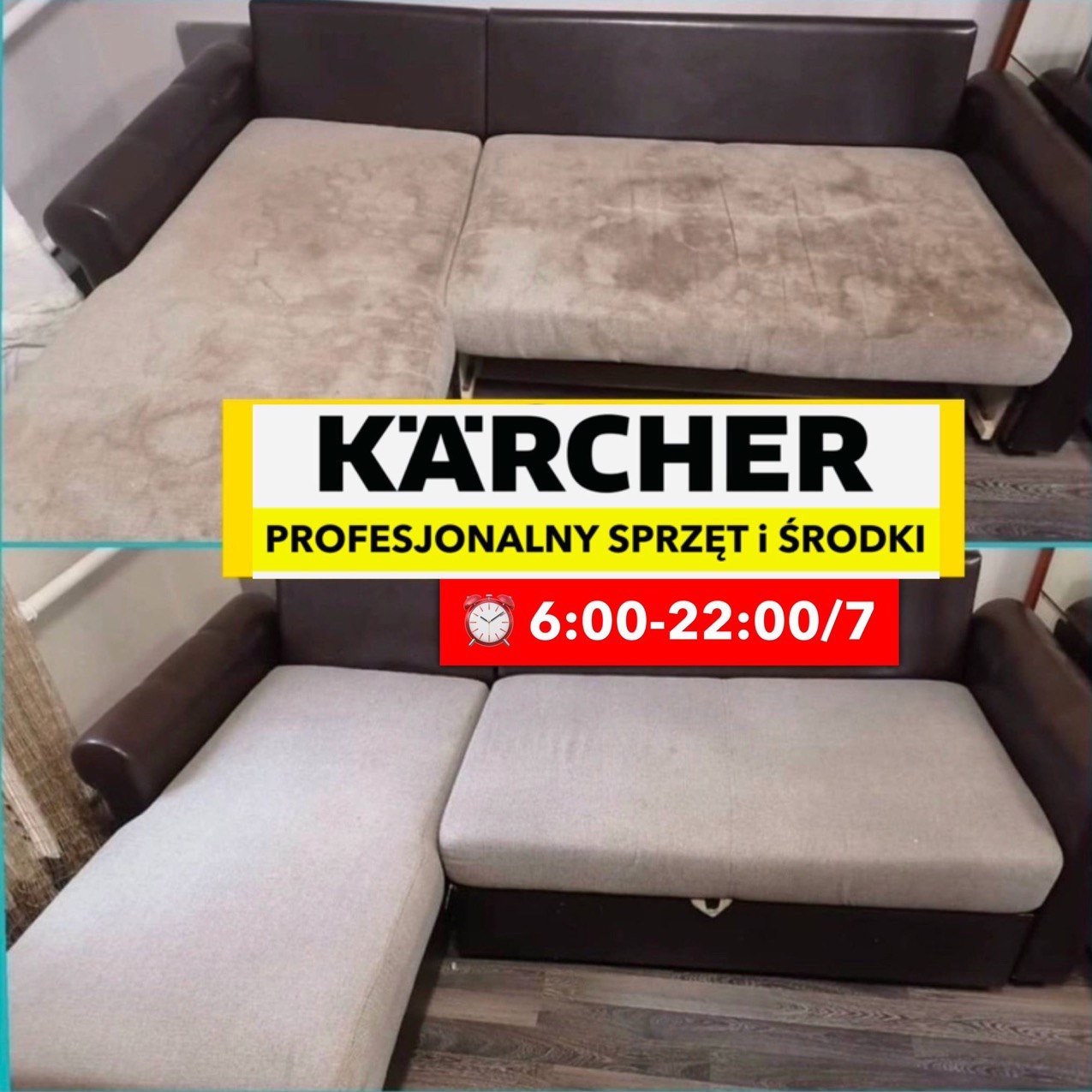 Zdjęcie przedstawia sofę narożną w dwóch ujęciach: górne ukazuje sofę przed czyszczeniem, z widocznymi plamami, dolne prezentuje sofę po czyszczeniu, z odświeżonym kolorem tapicerki. Na zdjęciu...