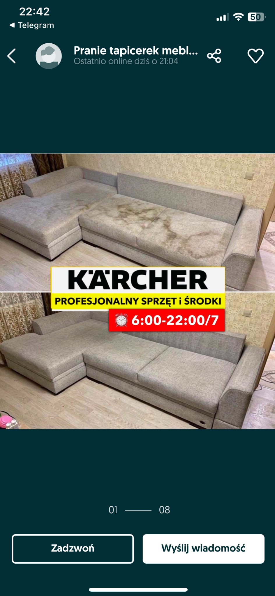 Zdjęcie narożnika z jasną tapicerką, widoczna różnica w czystości przed i po czyszczeniu, z nakładką reklamową firmy Karcher i informacją o dostępności usług w godzinach 6:00-22:00.