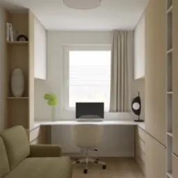 Wizualizacja małego biura w mieszkaniu z sofą, biurkiem pod oknem, krzesłem obrotowym i zabudową meblową z jasnego drewna.