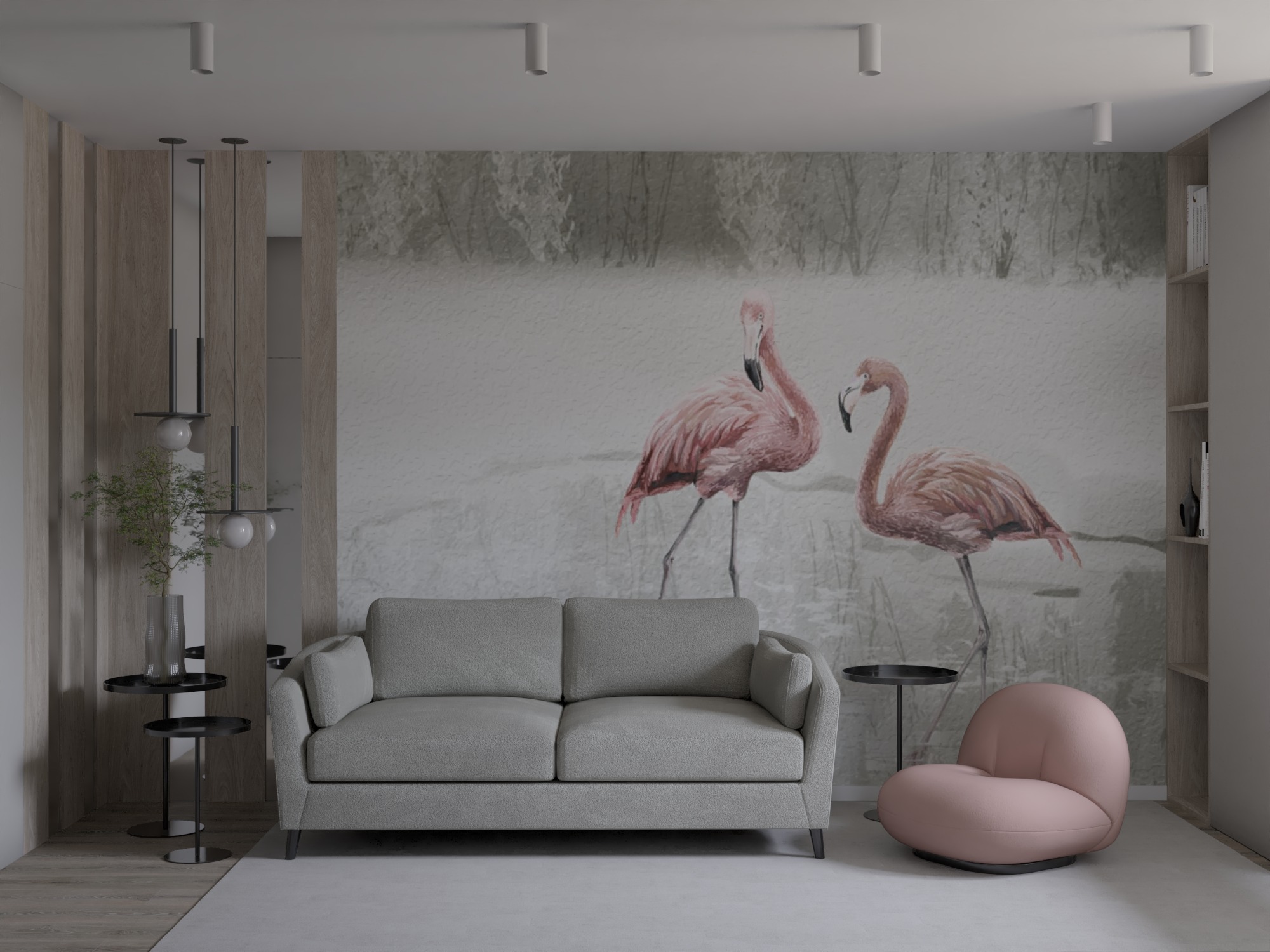 Jasnoszary salon z tapetą przedstawiającą flamingi, szarą sofą, okrągłym różowym fotelem i stolikami pomocniczymi.