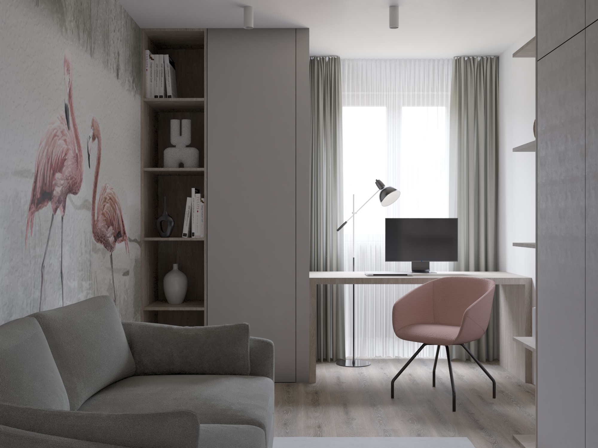 Neutralne wnętrze z sofą, biurkiem, krzesłem i tapetą z flamingami; minimalistyczny styl, stonowana kolorystyka, oświetlenie punktowe.