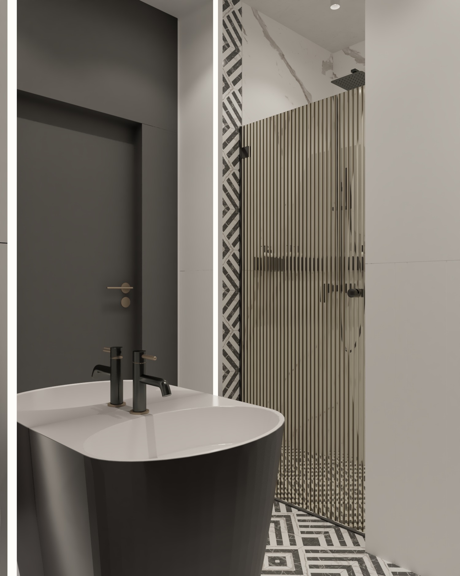 Nowoczesna łazienka z czarną wolnostojącą wanną, minimalistyczną armaturą i kabiną prysznicową z drewnianymi lamelami na tle marmurowej ściany w geometryczne wzory.