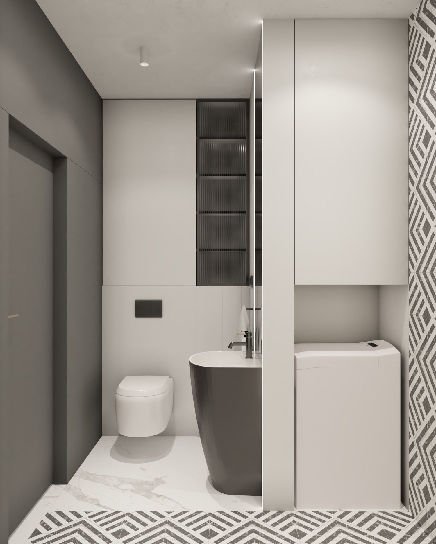 Nowoczesna łazienka w odcieniach szarości i bieli z umywalką wolnostojącą, podwieszaną toaletą i pralką zabudowaną w szafce, podkreślona wzorzystą podłogą i ścianą.