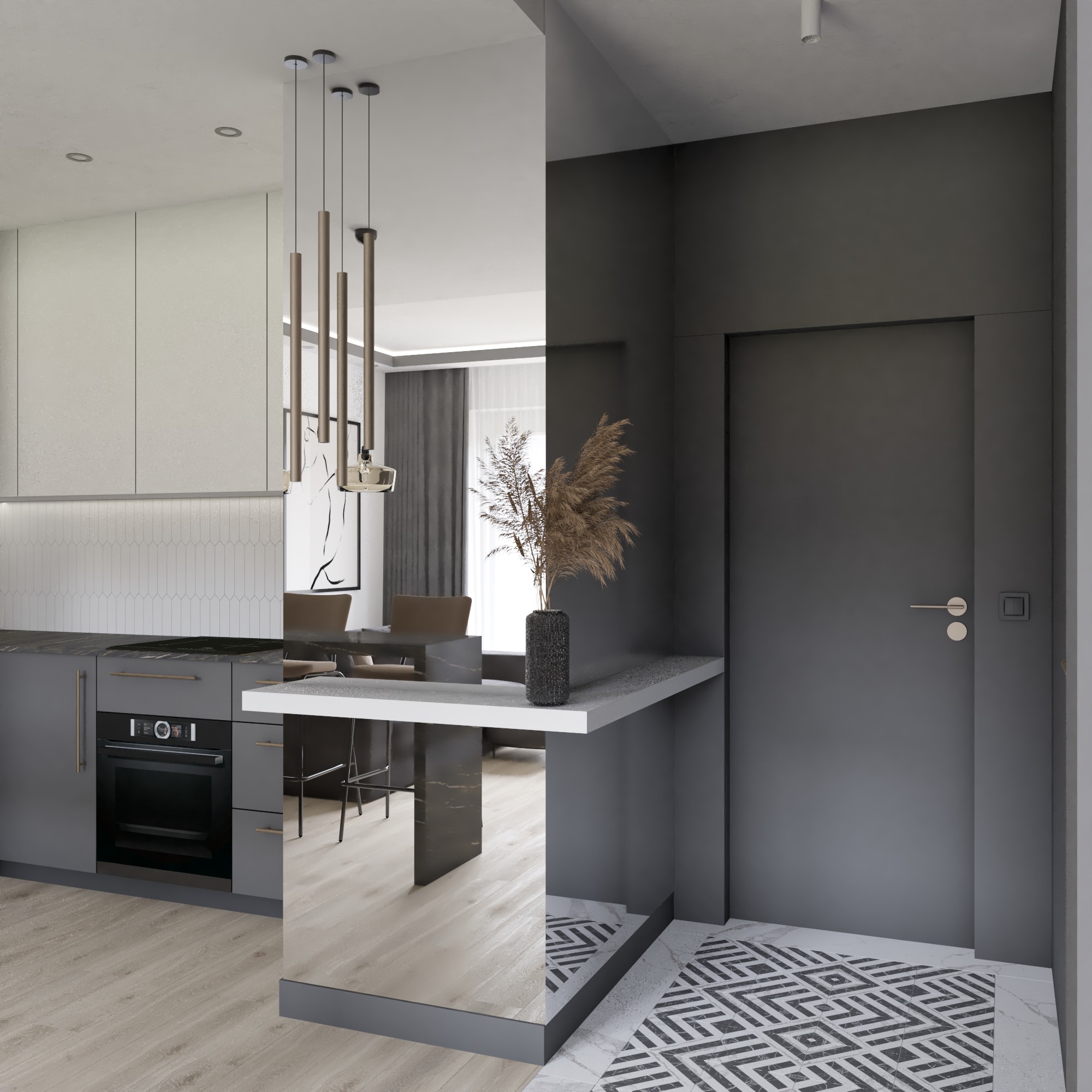 Nowoczesne wnętrze: szara kuchnia z wyspą przechodzącą w przedpokój, minimalistyczne oświetlenie, dekoracyjny wazon z suszem na blacie, wzorzysta podłoga w przedpokoju.