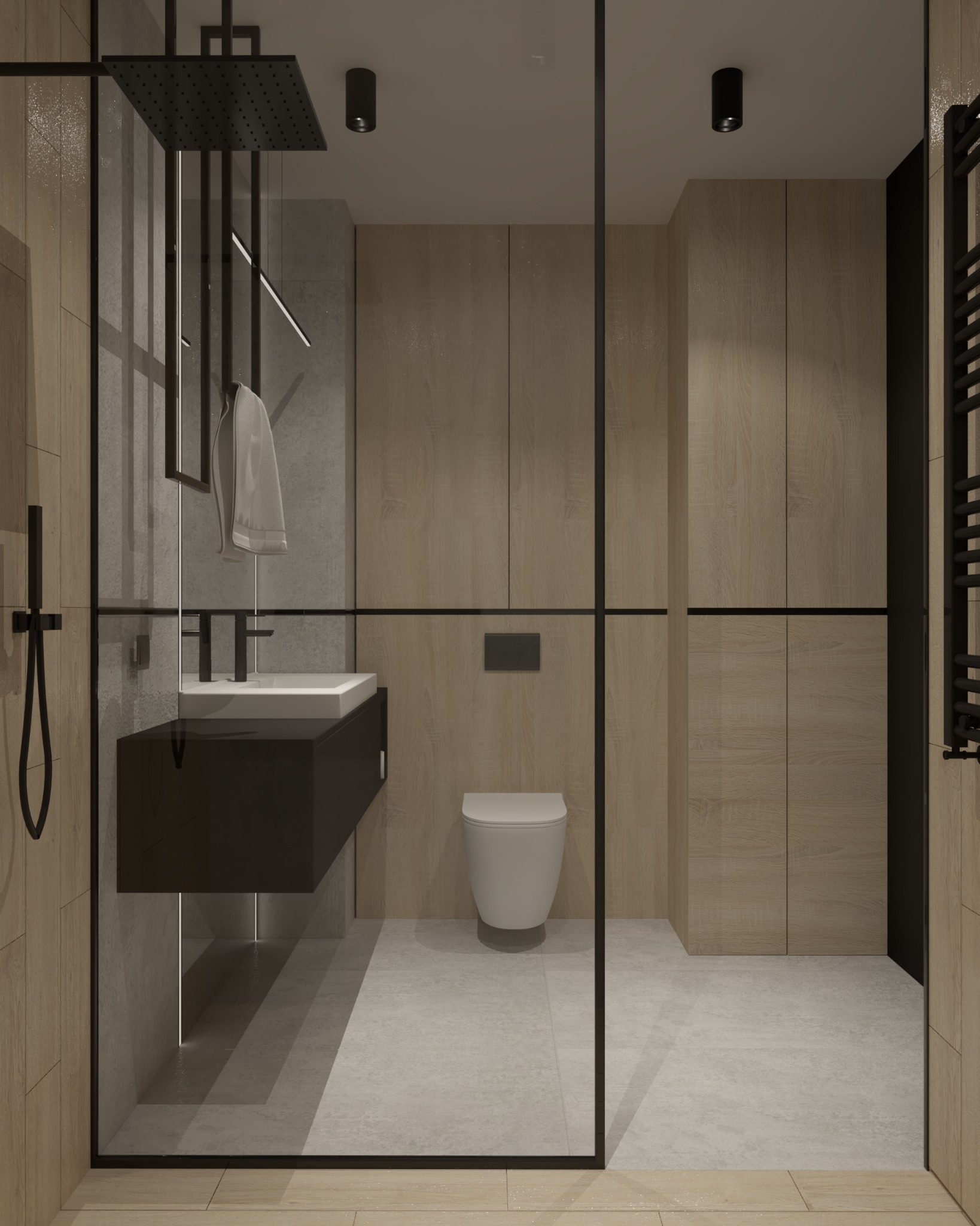Nowoczesna łazienka z drewnianymi panelami, czarną armaturą i kabiną prysznicową typu walk-in, oświetlona punktowo