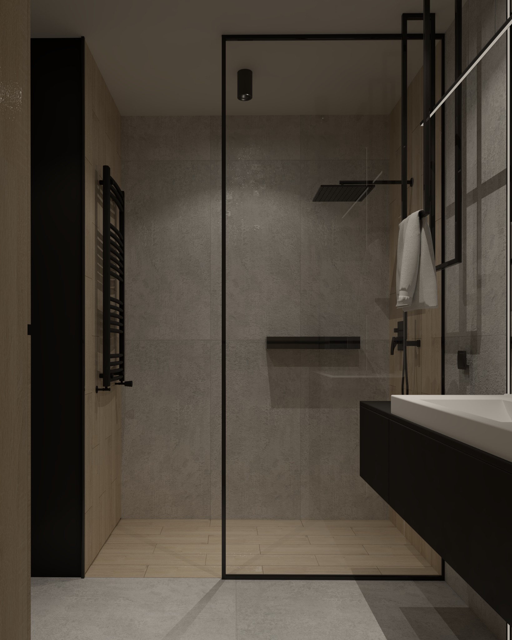 Minimalistyczna łazienka z kabiną prysznicową walk-in, czarną armaturą i grzejnikiem drabinkowym, wykończona płytkami w odcieniach szarości i drewna.