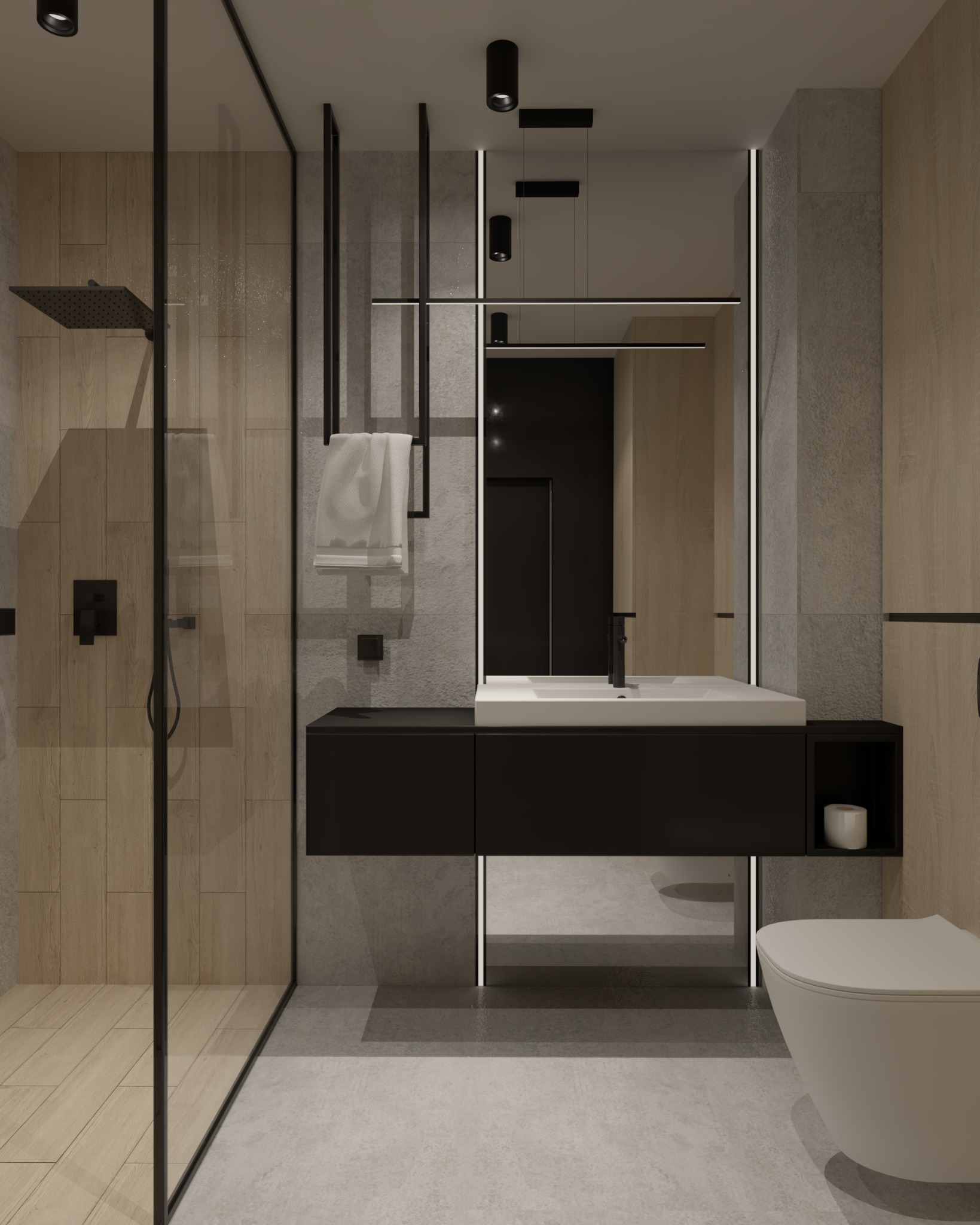 Nowoczesna łazienka z kabiną prysznicową typu walk-in, czarną armaturą, umywalką nablatową i toaletą w kolorze białym. Ściany wykończone płytkami w odcieniach szarości i drewna. Minimalistyczne...