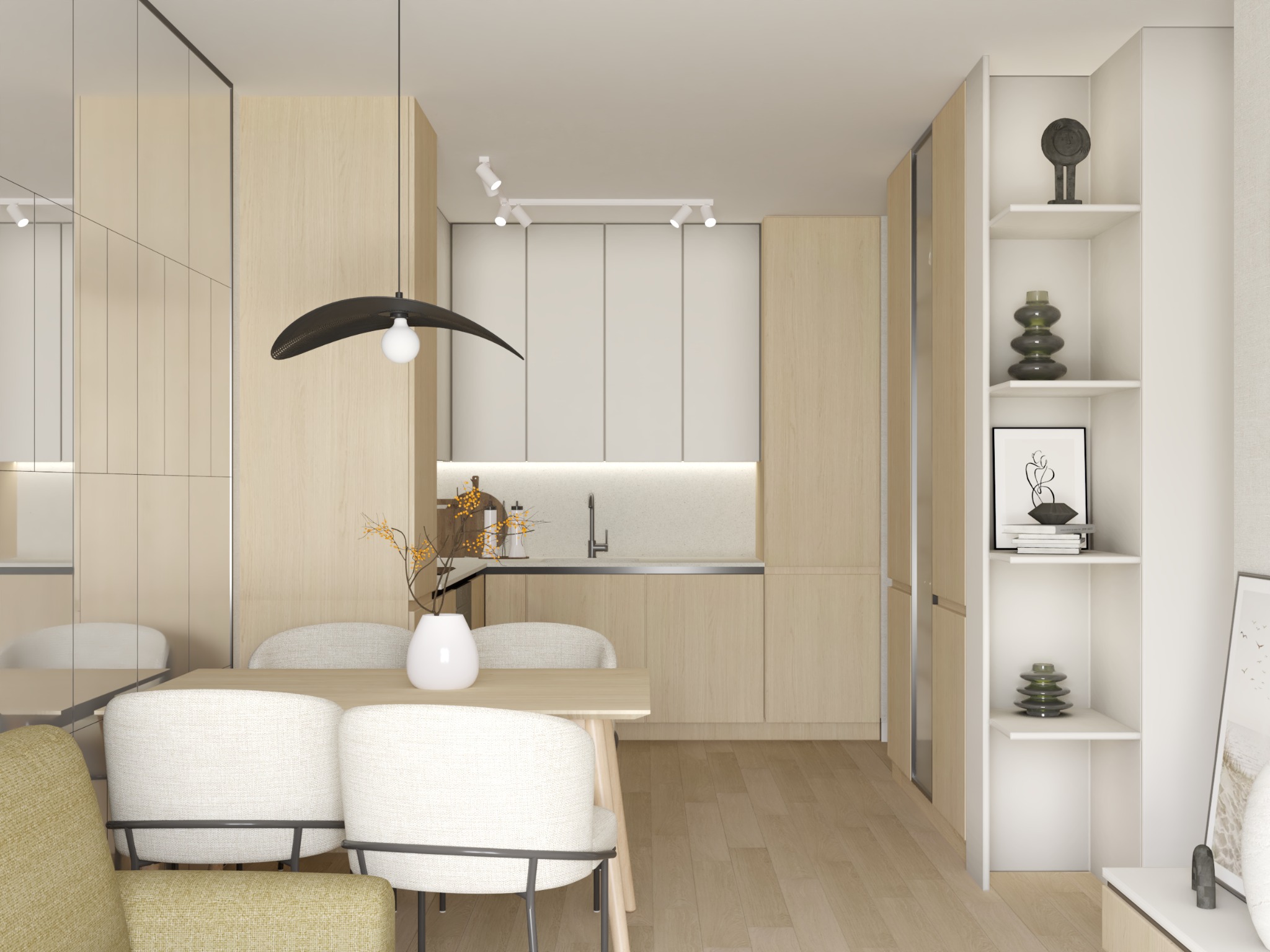 Wizualizacja jasnej kuchni z drewnianymi szafkami, stołem jadalnym z białymi krzesłami i czarną lampą wiszącą, uzupełniona dekoracyjną wazą z gałązkami i regałem z ozdobami.