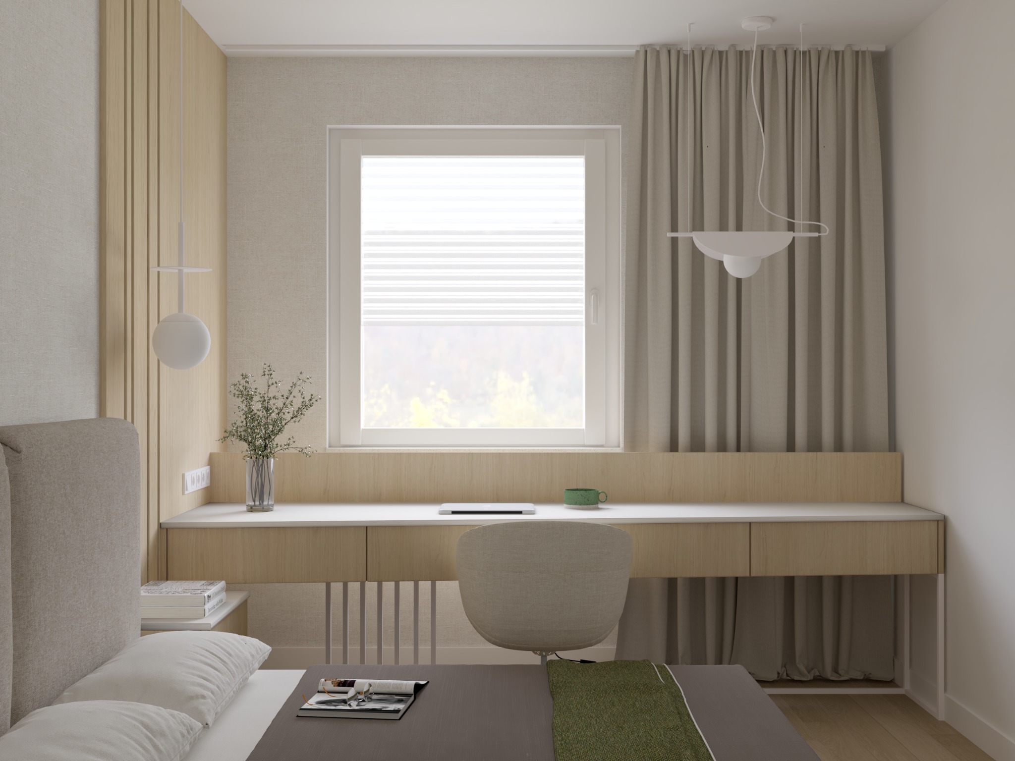Jasna sypialnia z miejscem do pracy: biurko z szufladami pod oknem, minimalistyczne oświetlenie, łóżko z szarą narzutą i zielonym akcentem, stonowana kolorystyka.