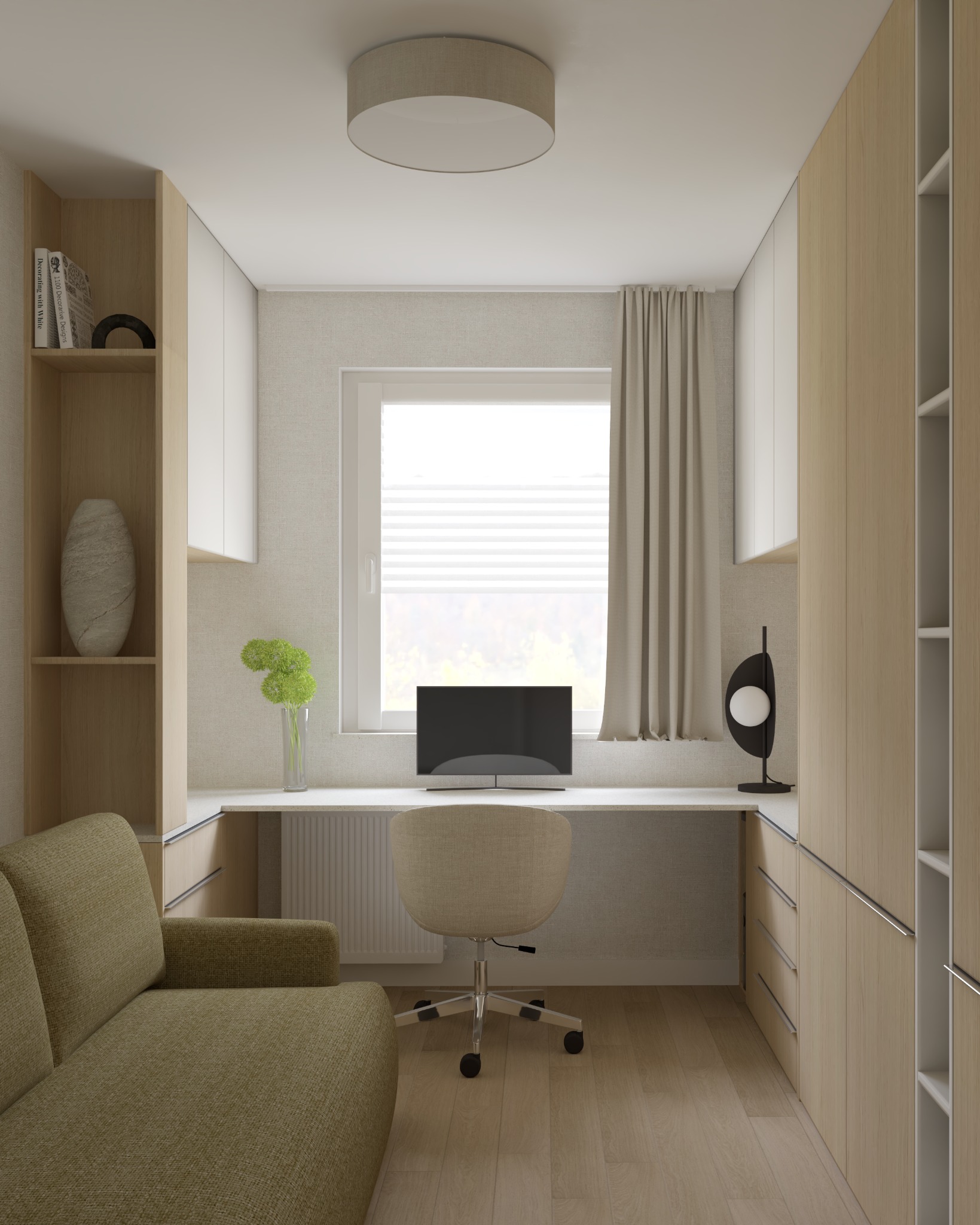 Wizualizacja małego biura w mieszkaniu z sofą, biurkiem pod oknem, krzesłem obrotowym i zabudową meblową z jasnego drewna.