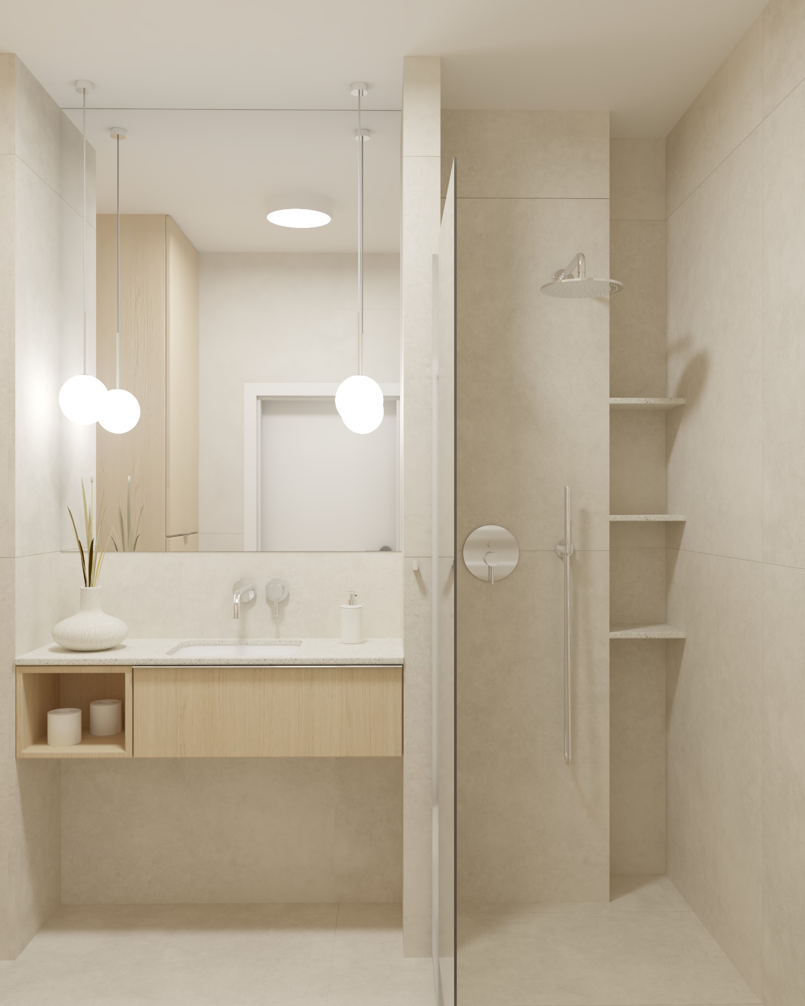 Jasna łazienka z kabiną prysznicową typu walk-in, umywalką na szafce z drewnianym frontem i okrągłymi lampami wiszącymi.