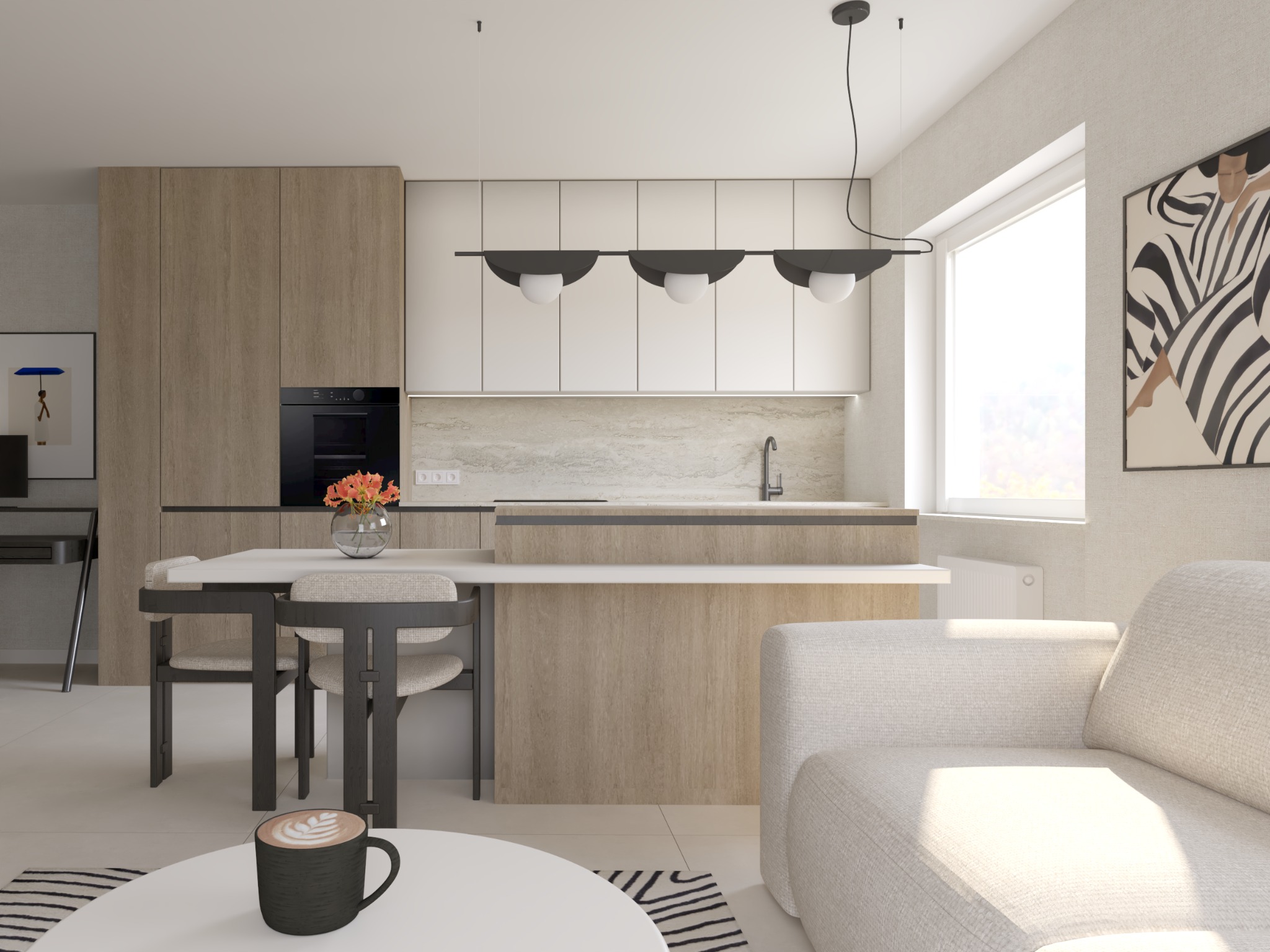Jasne wnętrze z otwartą kuchnią, drewniane i białe szafki, nowoczesne oświetlenie, stół z krzesłami, sofa i stolik kawowy z filiżanką latte, minimalistyczny wystrój z obrazem zebry.