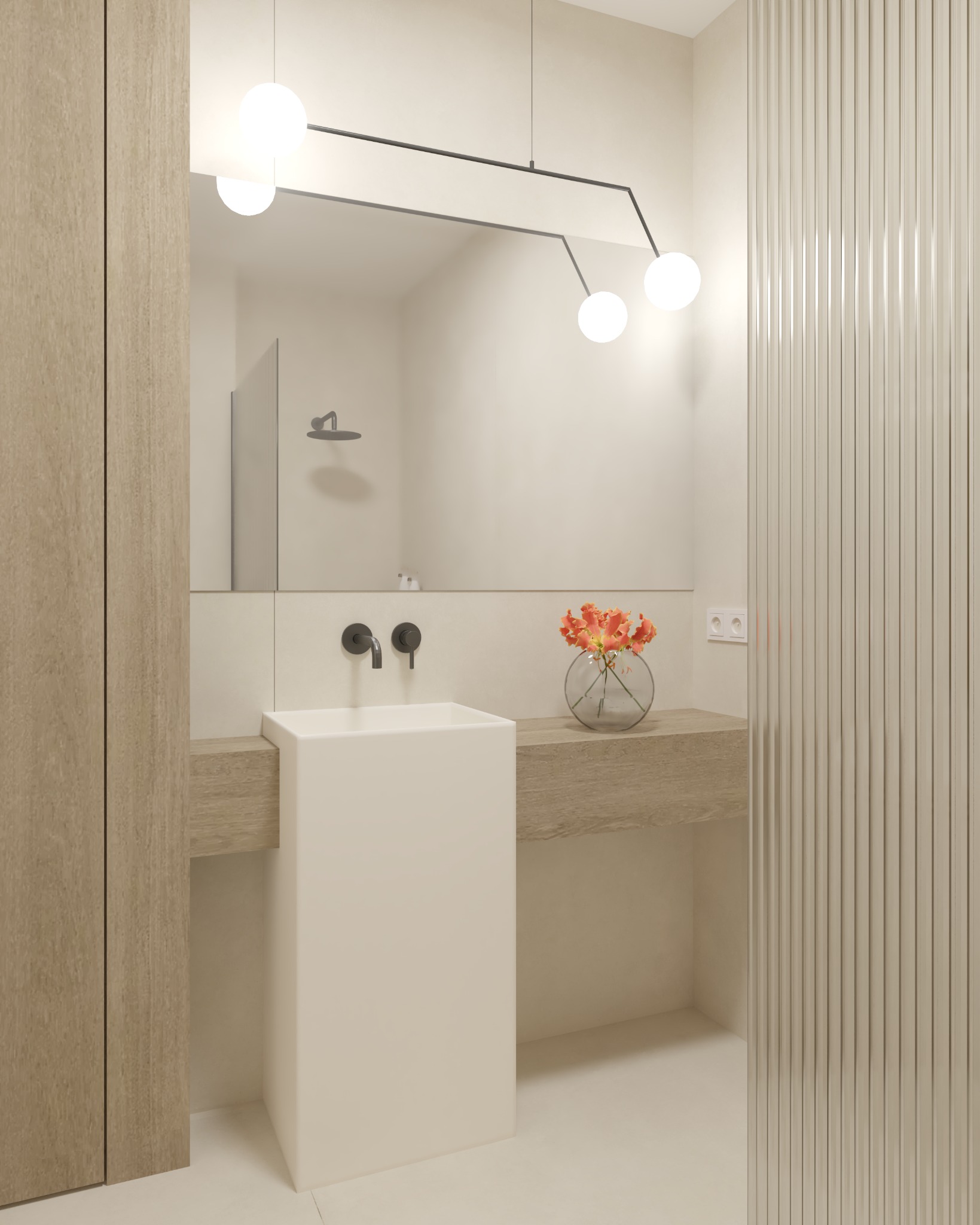 Minimalistyczna łazienka z umywalką wolnostojącą, czarną armaturą, lustrem z podświetleniem kulkowym i dekoracyjną ścianą z pionowych listew.