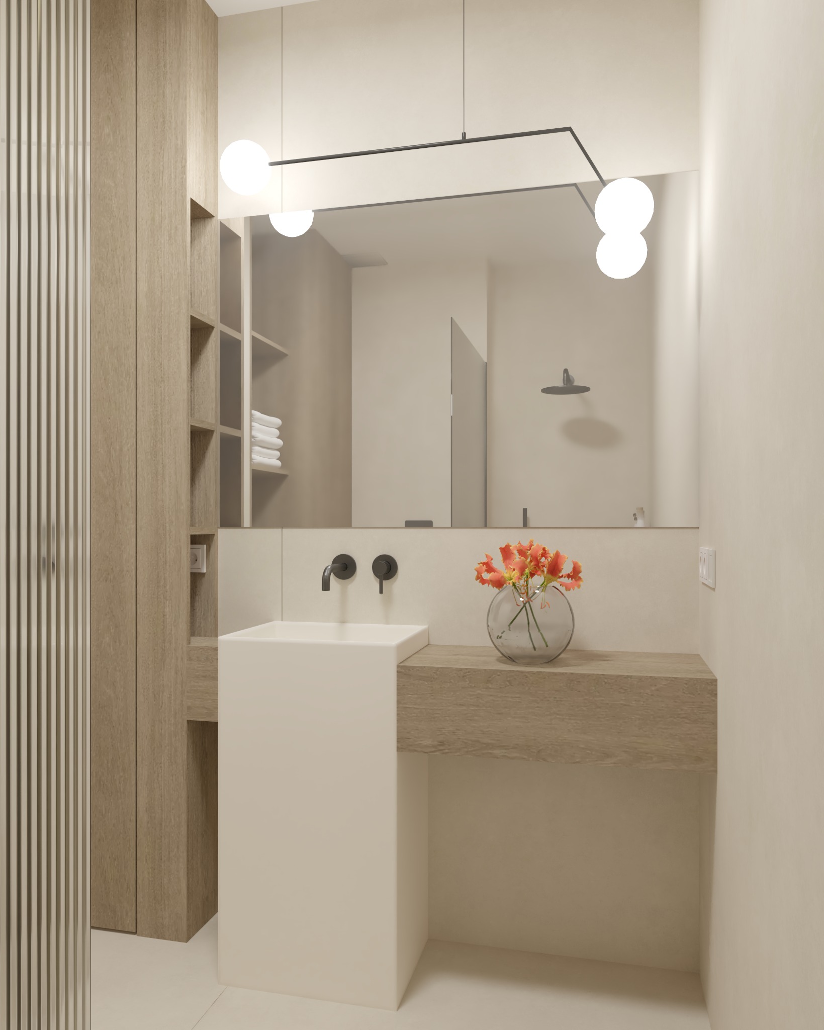 Minimalistyczna łazienka w beżowych tonacjach z umywalką nablatową, drewnianym blatem, okrągłym lustrem z widocznym prysznicem i kwiatami w szklanym wazonie.