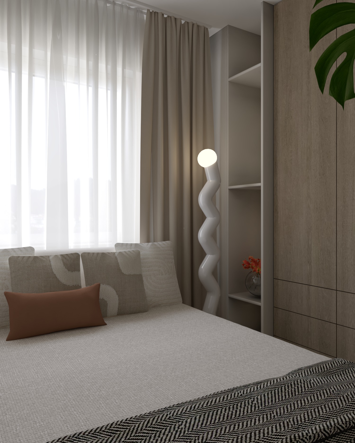 Neutralna sypialnia z łóżkiem, wzorzystą narzutą i poduszkami, obok szafa z półkami i kręcona lampa podłogowa