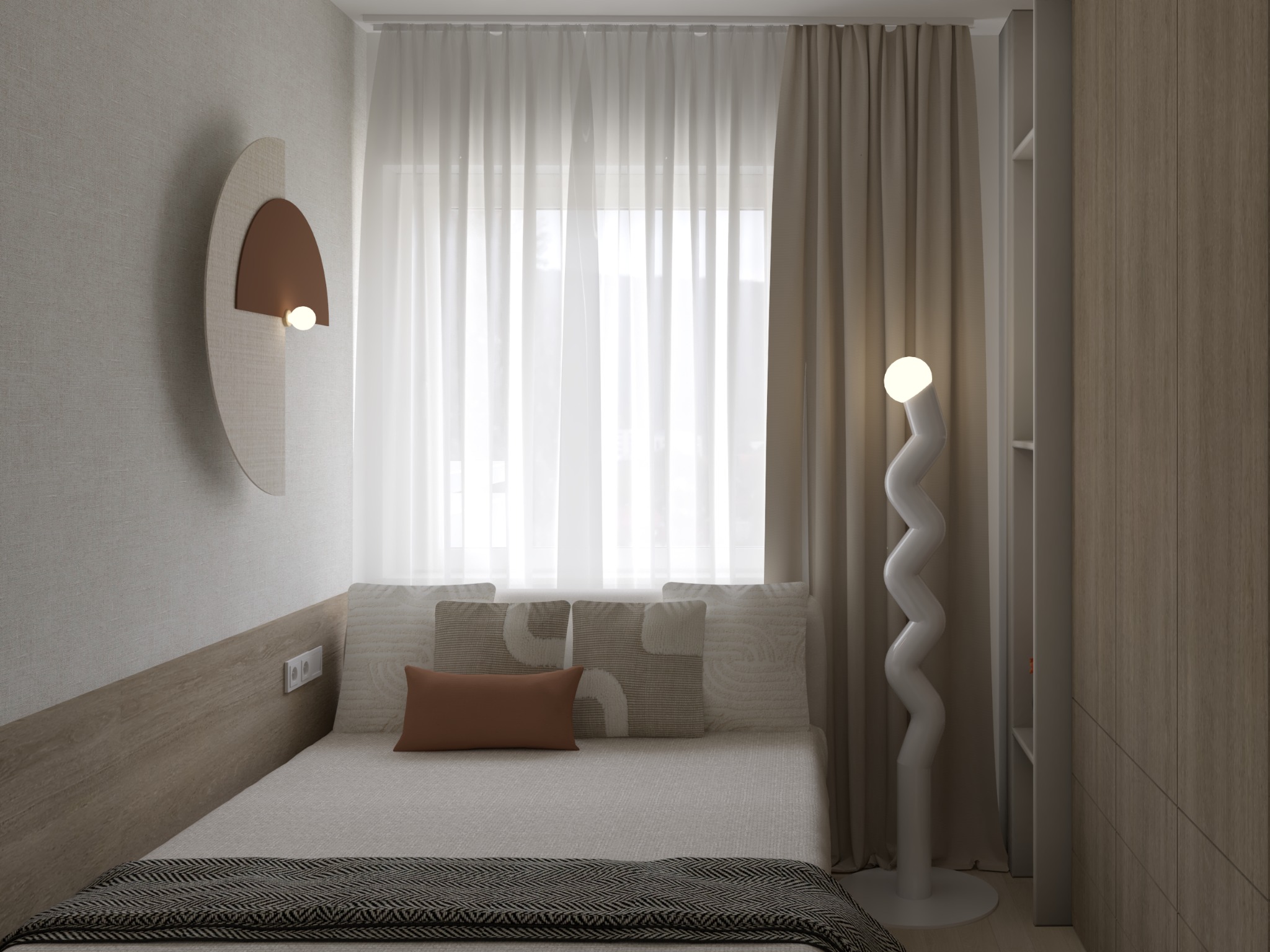 Minimalistyczna sypialnia w neutralnych barwach z łóżkiem, dekoracyjną lampą podłogową w kształcie spirali, asymetrycznym kinkietem i zasłonami w oknie.