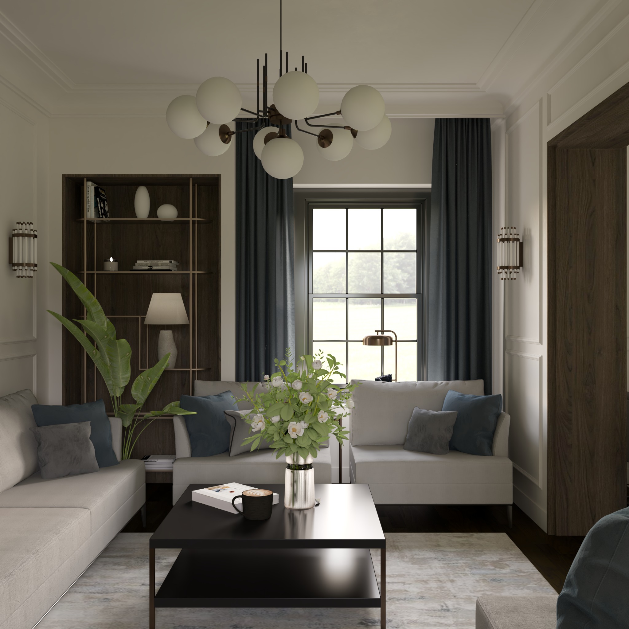Elegancki salon z dwoma jasnymi sofami, czarnym stolikiem kawowym z wazonem kwiatów i filiżanką, ciemnymi zasłonami i regałem z książkami, oświetlony nowoczesnym żyrandolem.