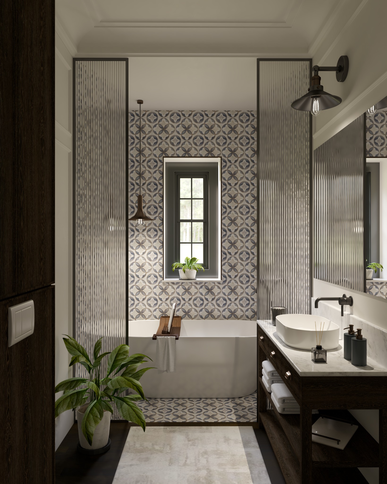 Elegancka łazienka z wanną wolnostojącą, umywalką nablatową na drewnianej szafce z marmurowym blatem, dekoracyjnymi płytkami na ścianie i podłodze oraz szklanymi panelami.