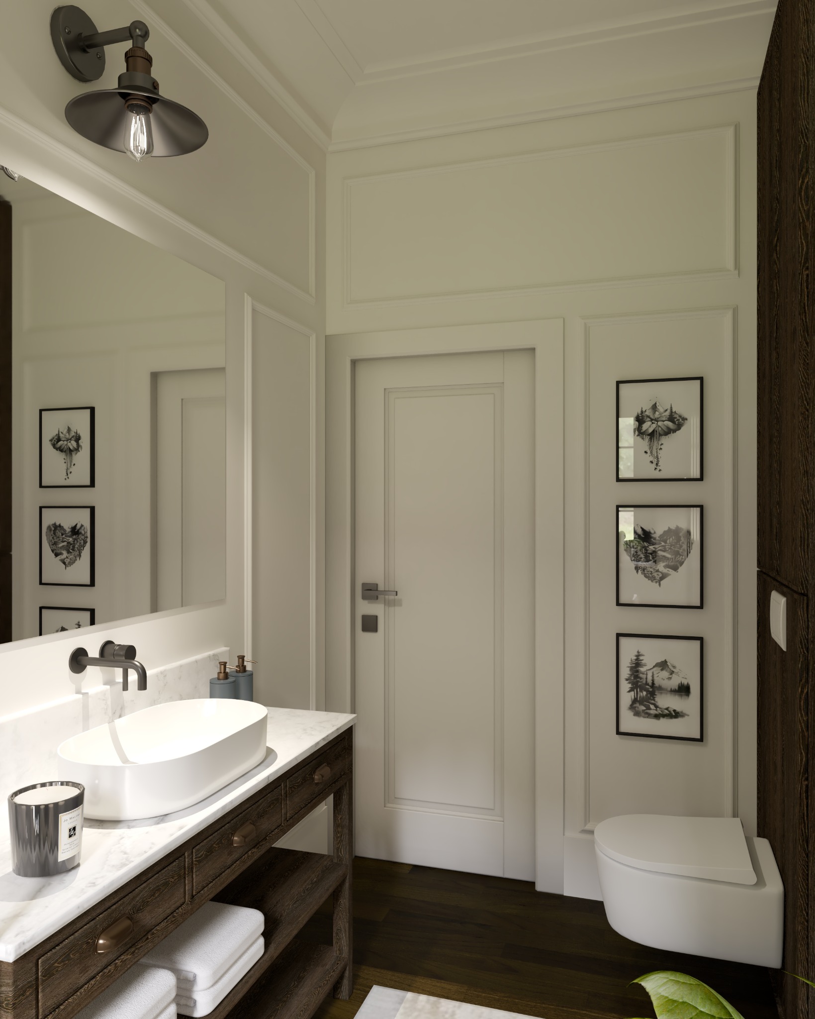 Elegancka łazienka z umywalką nablatową na drewnianej szafce, białym blatem z marmuru, minimalistyczną baterią i dekoracyjnymi grafikami na ścianie.