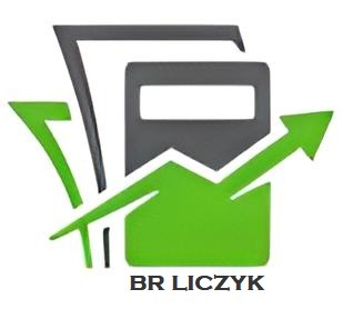 Stylizowane logo biura rachunkowego: zielona strzałka wzrostu, szare dokumenty i napis 'BR LICZYK' na białym tle. Symbolizuje profesjonalizm i rozwój finansowy.